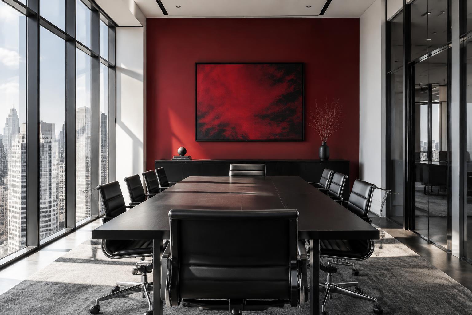Sala de reunião do escritório da Arquivo Contabilidade, com parede vermelha e vista para a cidade